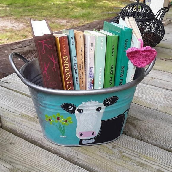 Cow Folk Art Galvanized Tub Home Decor Kid Decor - Picture 3 of 8
